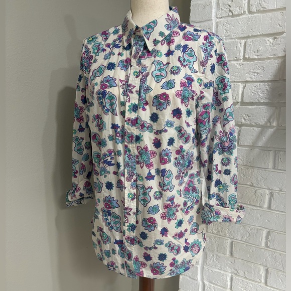 Talbots Tops - Women’s Button-Down Floral Print — White with Teal & Purple